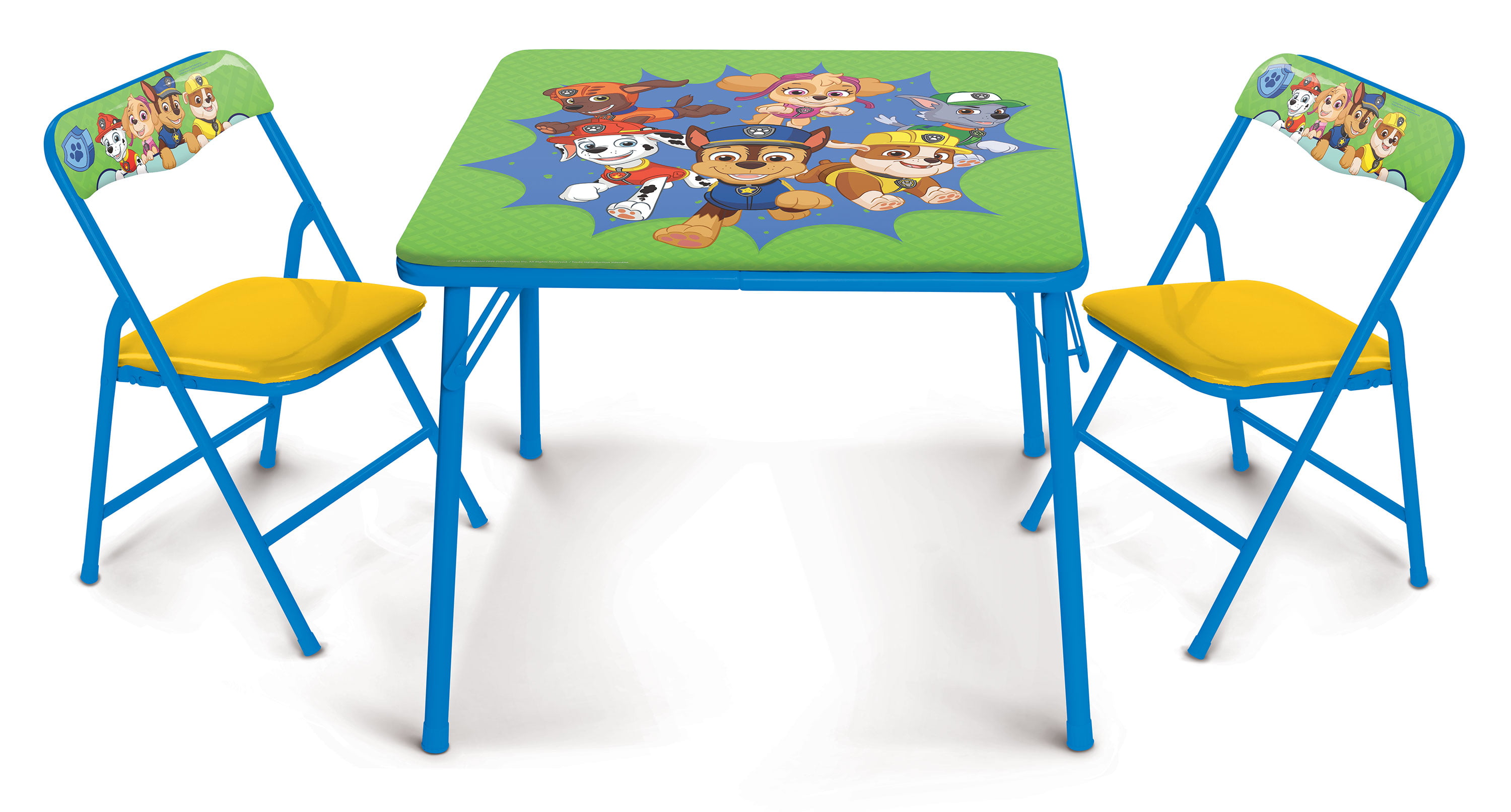 paw patrol kids erasable activity table includes 2 chairs with safety lock  non skid rubber feet  padded seats greenyellow