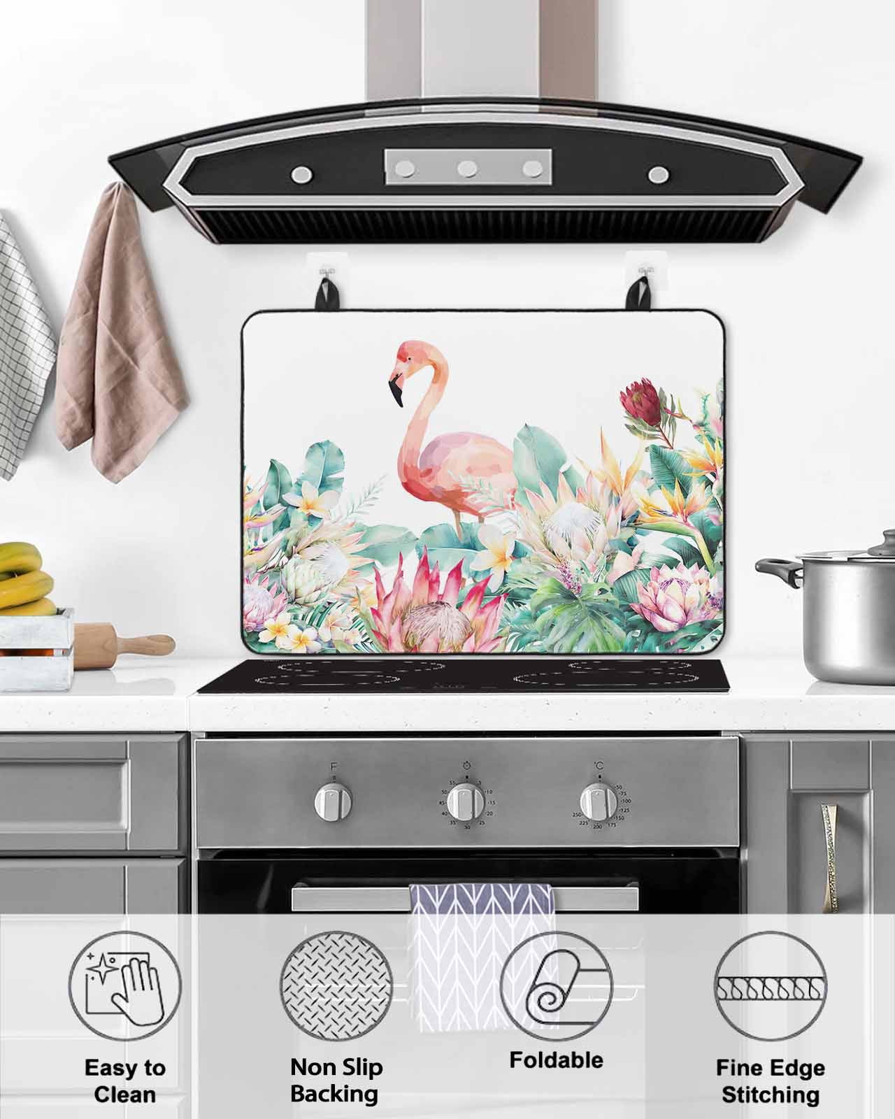 Large Induction Cooktop Protector Mat Tropical Flamingo Stove Top Covers for Electric Stove, Botanical Summer Watercolor Flower Plant Decorative Stove Burner Cover Mats, Glass Top Stove Cover