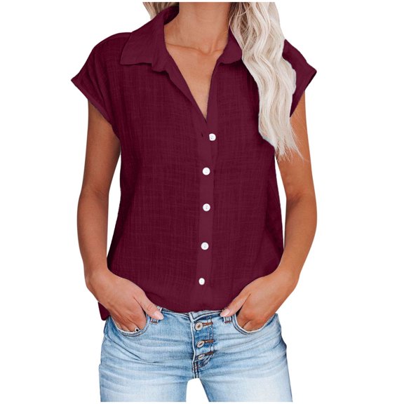 TIHLMK Blouses for Women Shirts For Women Summer Casual Cotton Linen Short Sleeve T Shirt Loose Fit Button Down Lapel Solid Color Tees Wine