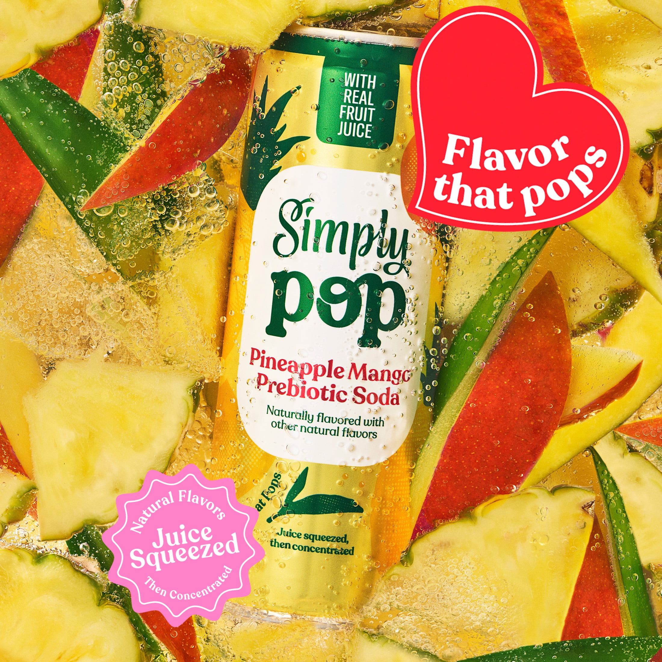 (12 pack) Simply Pop Prebiotic Soda Pineapple Mango Drink, 12 oz. can