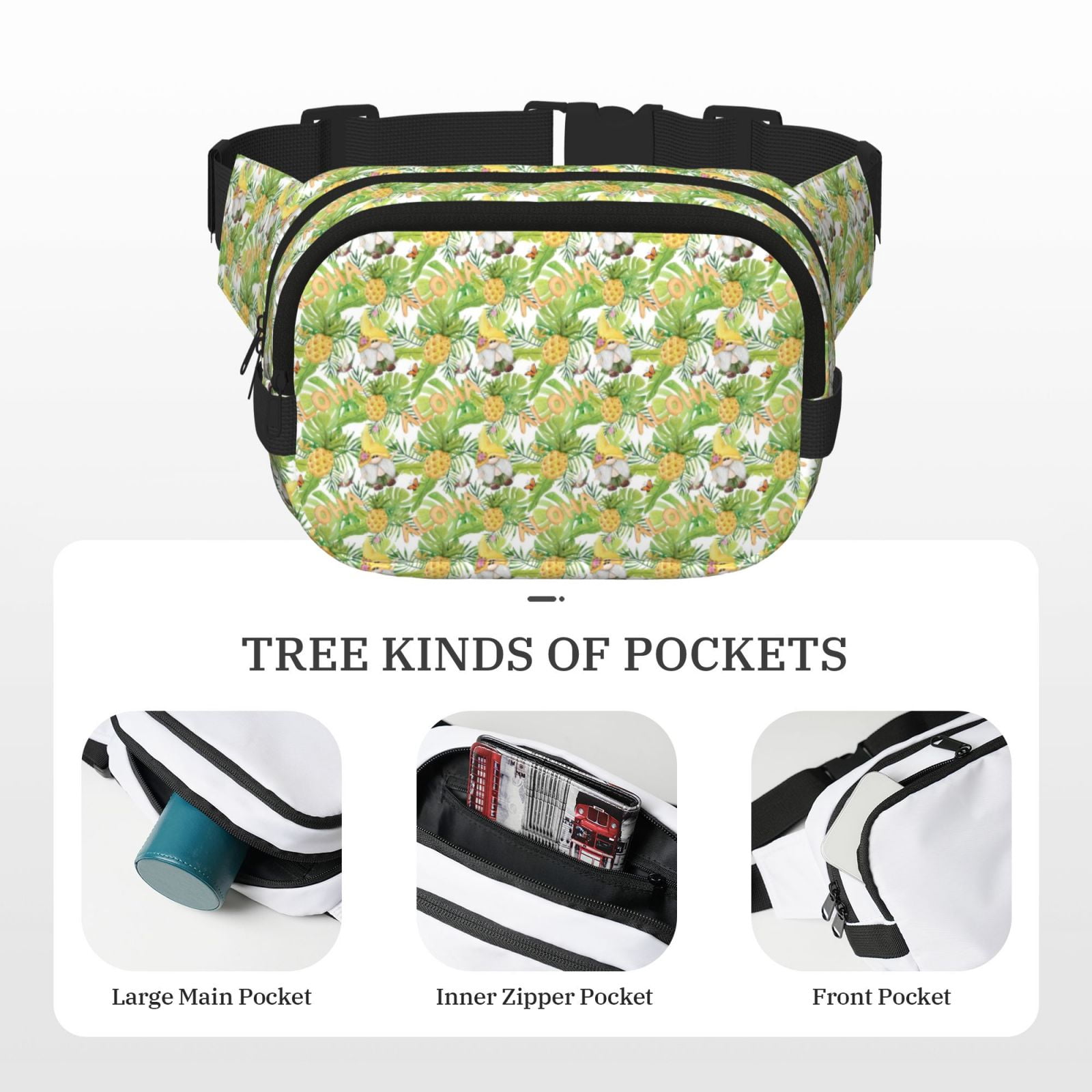 Picia Gnome and Pineapple Print Square Double-Layer Waist Bag Mini Adjustable Waist Belt Bag Exercise Running Travel Hiking