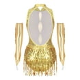 thumbnail image 2 of Eandarui Ensemble de Costume de Danse Jazz pour Femmes Justaucorps à Sequins avec Gants Robe de Bal Salsa Rumba Danse de Salon Or L, 2 of 7