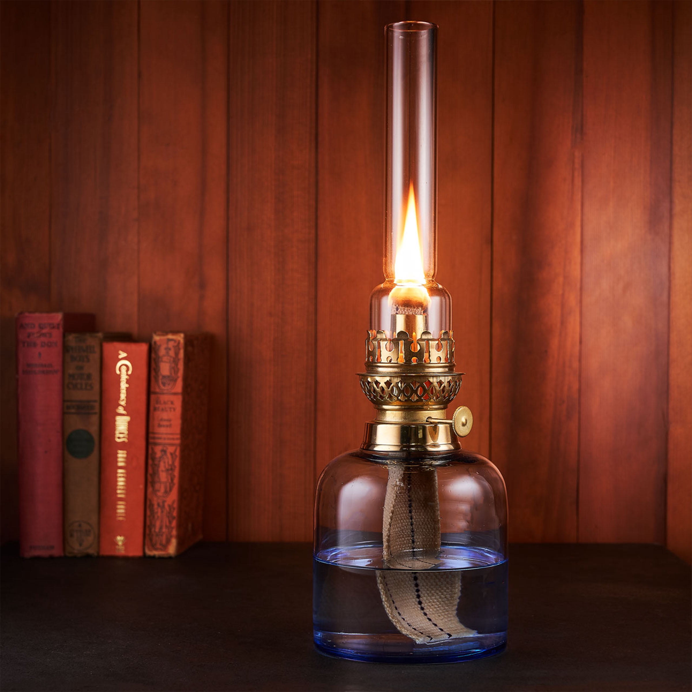 Kings County Tools Glass Oil Lamp - 15.5” Tall Decorative Lantern (Blue)