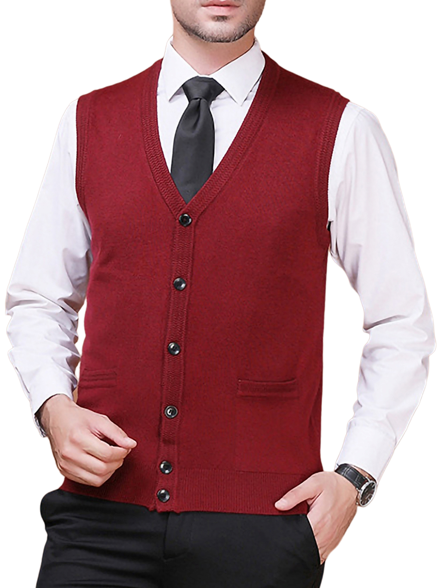 Hanerdun Men Sweater Vest V Neck Sleeveless Knitted Button Cardigan