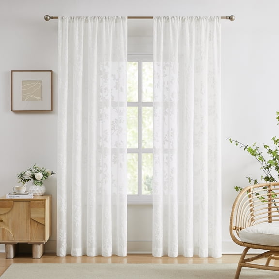 Exultantex Sheer Voile Curtains with Embroidered Leaf & Rod Pocket, 54x95 Inch, White