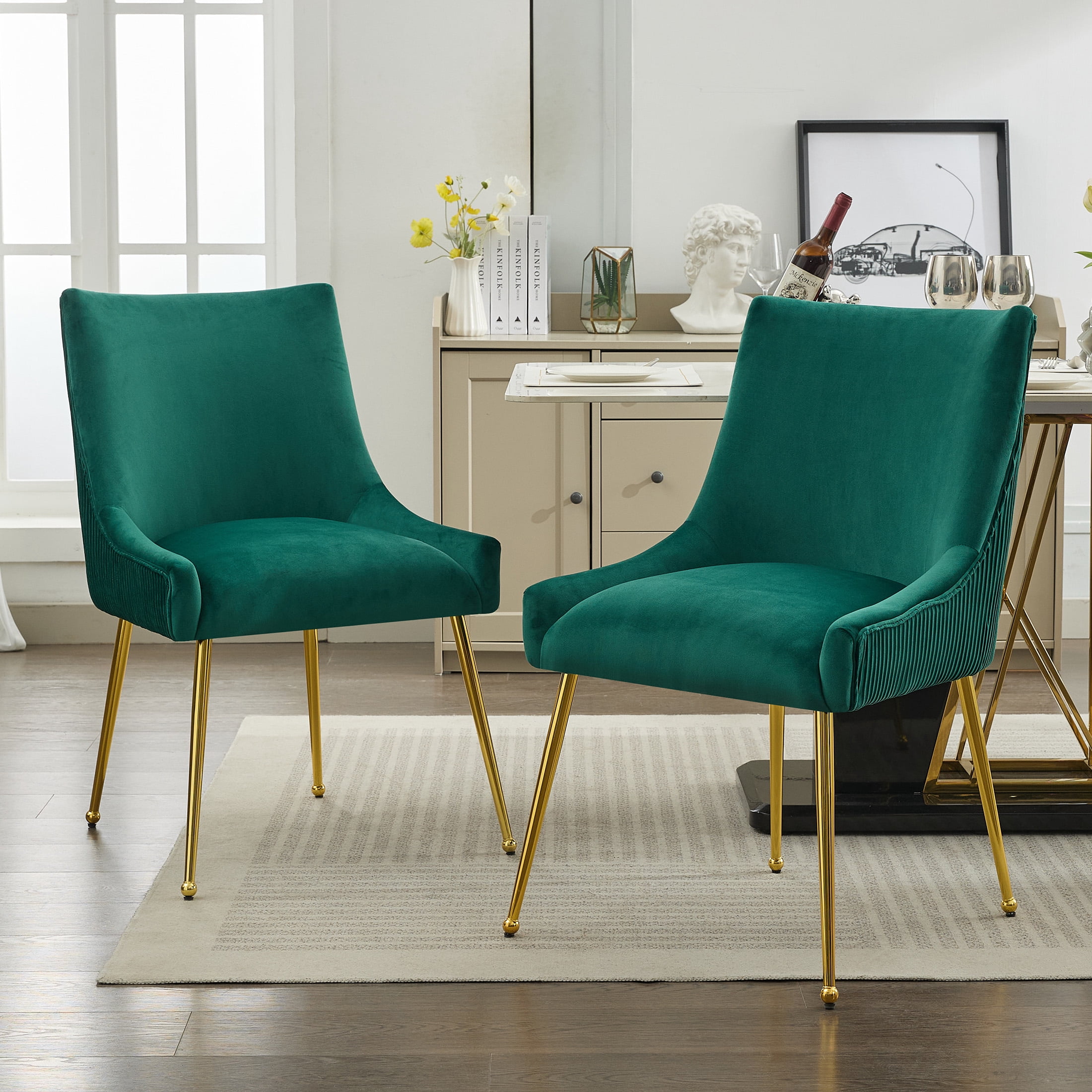 Velvet Dining Chairs Set of 6 with Gold Legs, Upholstered Accent Chairs, Pleated Back & Gold Pull Handle, Mid-Century Modern for Dining Room, Kitchen, Living Room, Green