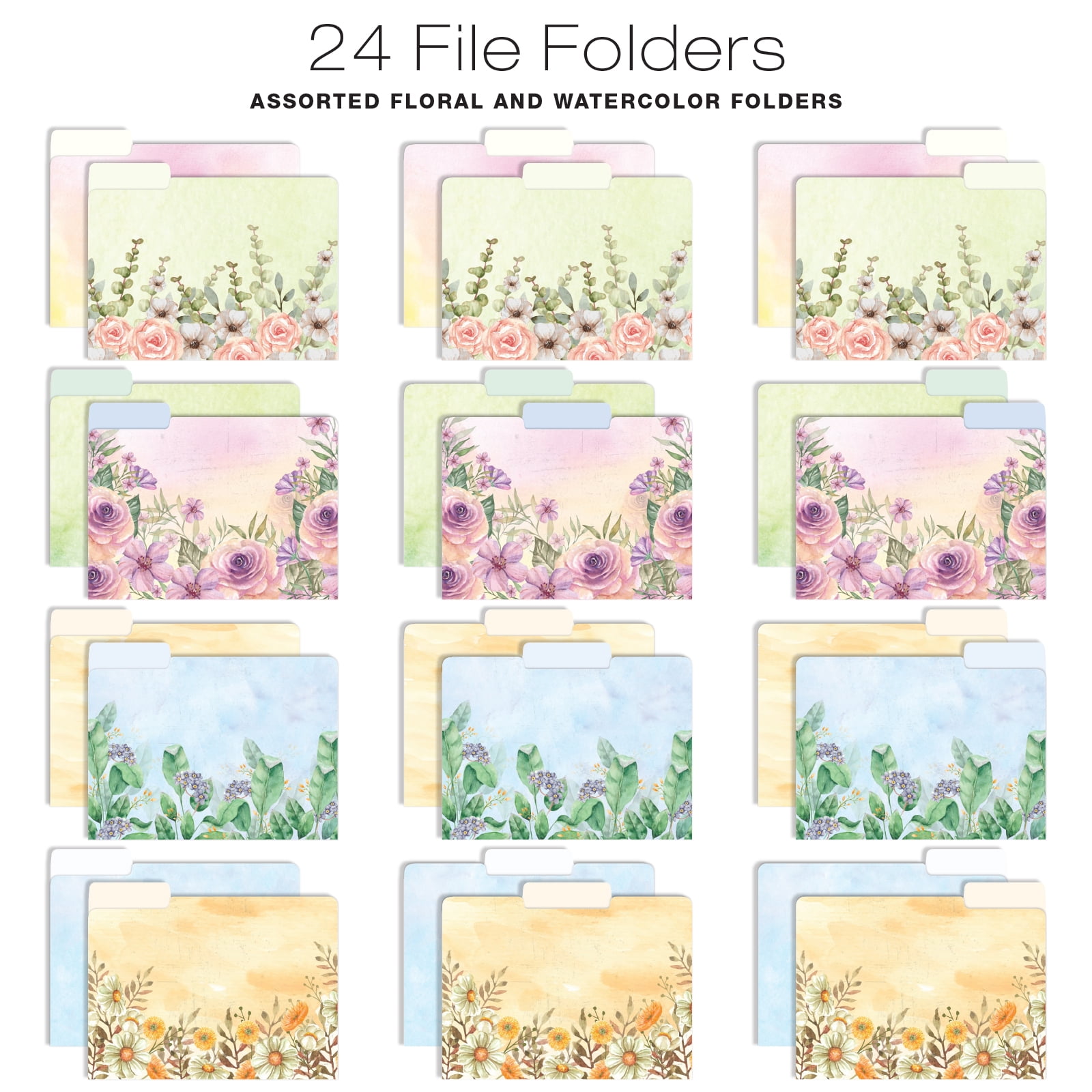 12 Hanging Folders, and 24 File folders, Letter Sized - Watercolor Floral