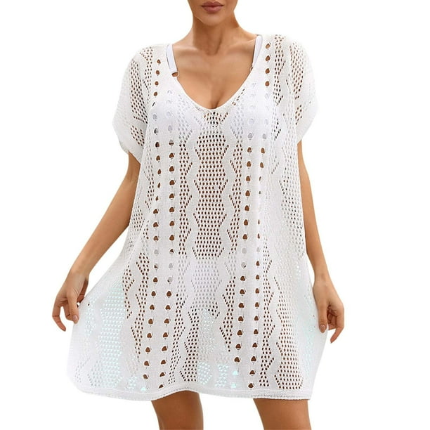 Traje de baño Prolriy para mujer, moda de verano para mujer, tejido de punto ahuecado, elegante, para playa, bikini, blusa, vestido de playa, ropa de baño, traje de baño para mujer, blanco