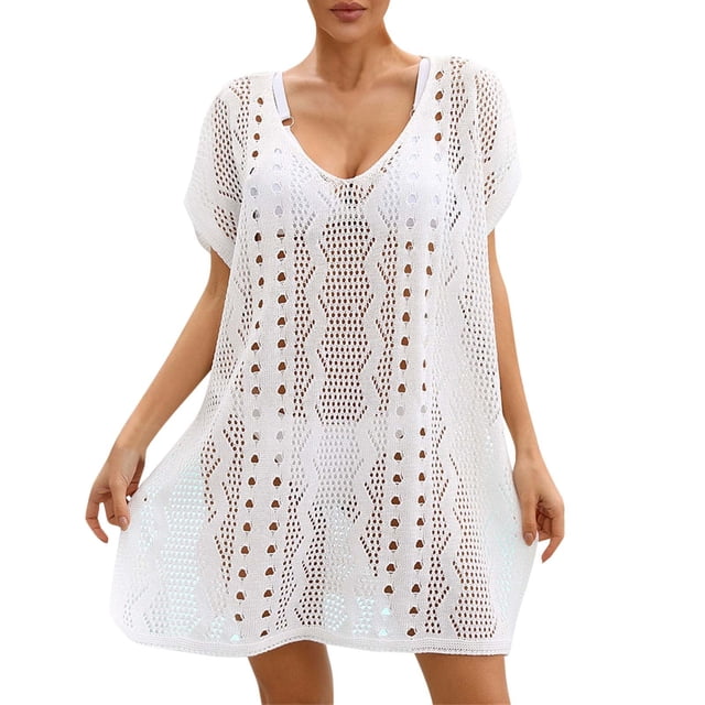 Traje de baño Prolriy para mujer, moda de verano para mujer, tejido de punto ahuecado, elegante, para playa, bikini, blusa, vestido de playa, ropa de baño, traje de baño para mujer, blanco