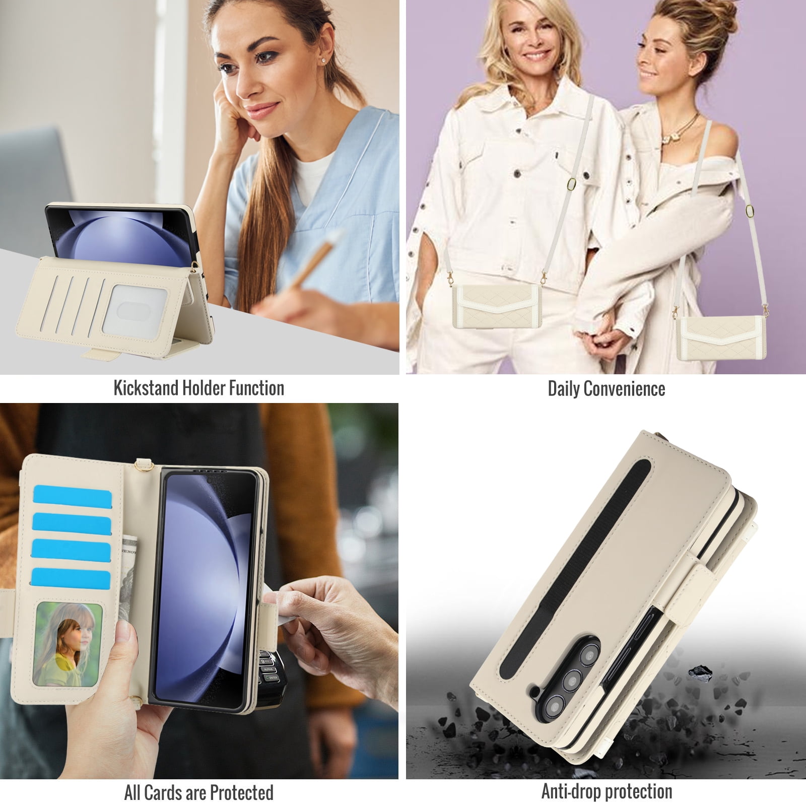 for Samsung Galaxy Z Fold 4 Case Wallet with S Pen Holder for Women, 12 Card Holder & 2 Cash Pocket & Shoulder Strap & Wristlet Flip Stand PU Leather Phone Case with RFID Blocking, Beige