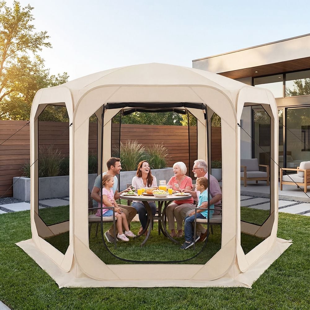 10FT x 10FT Pop Up Screen House Tent Canopy, Portable Outdoor Shelter with Sunshade Net, for 8-10 People, for Backyard Camping Picnic, Patio