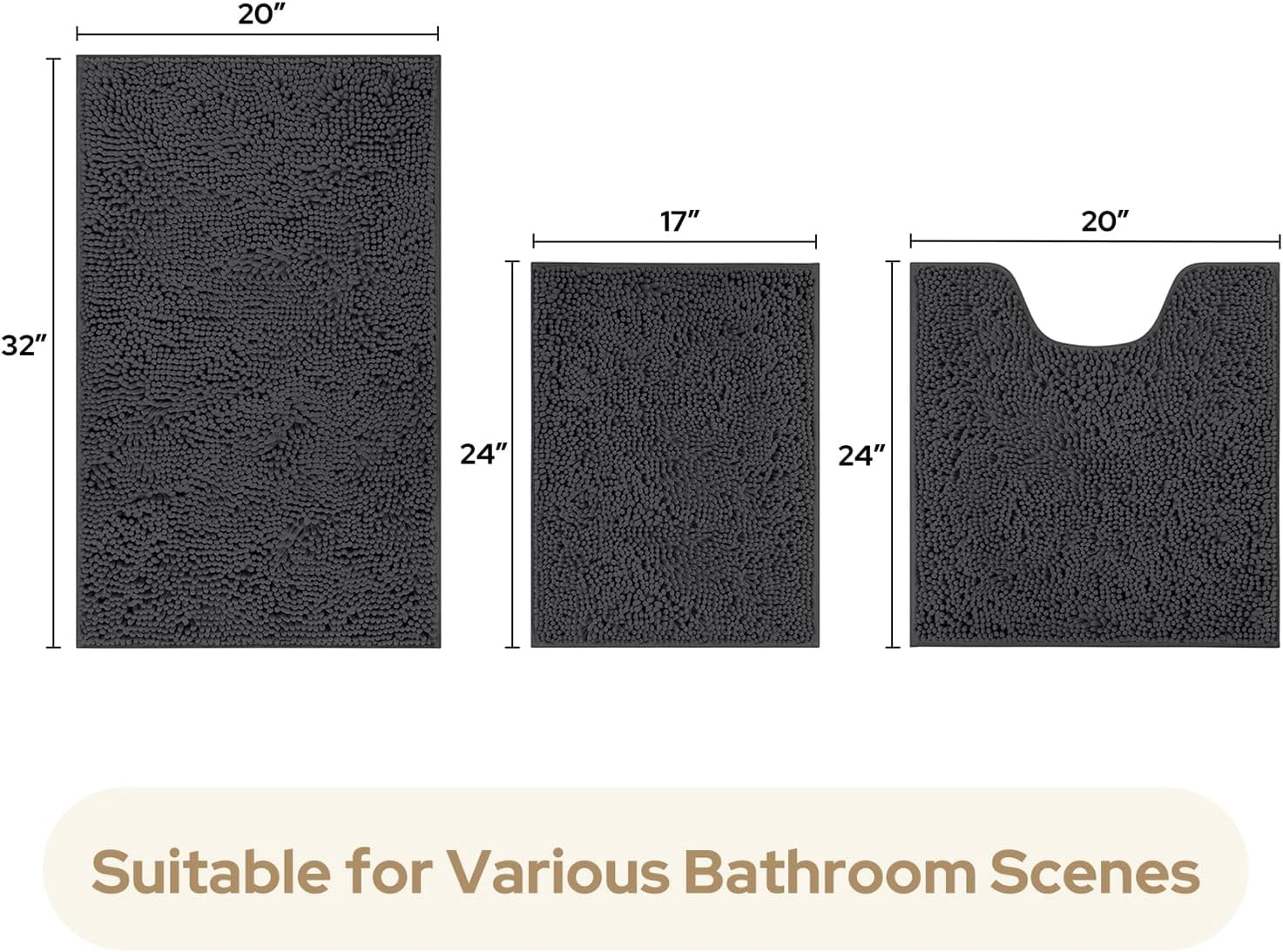 3 Pieces Bathroom Rugs, Ultra Soft Non Slip Absorbent Chenille Toilet Bath Mat Set (Charcoal/Dark Grey)