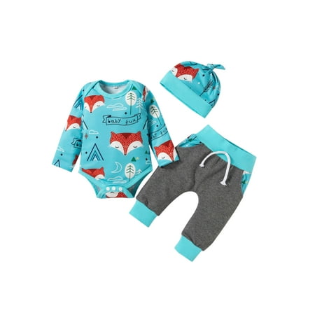 

ZIYIXIN Newborn Baby Boy Clothes Cute Fox Print Long Sleeve Romper and Pants with Hat 3Pcs Fall Winter Outfits Blue 9-12 Months