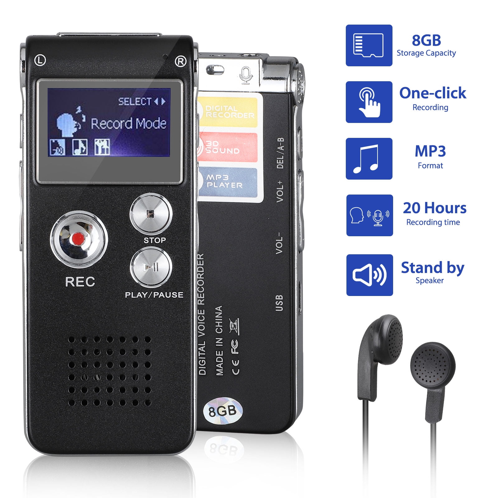 TSV Digital Voice Recorder 8GB Memory, Pocket Size, HD Audio