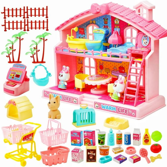Mini Playhouse Toy for Girls, Figure House Playset Play Kitchen with Doll and Furniture & Accessories