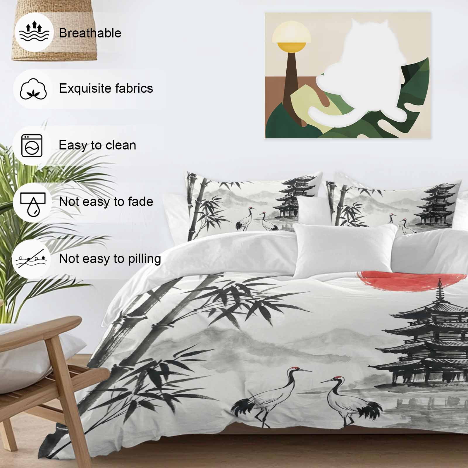 White Crane 4 Piece Duvet Cover Set Queen Size Ink Wash Gray Black Bamboos Trees Japanese Pagoda Red Sun Soft Bedding Set Comforter Cover, 1 Duvet Cover 1 Flat Sheets and 2 Pillowcases