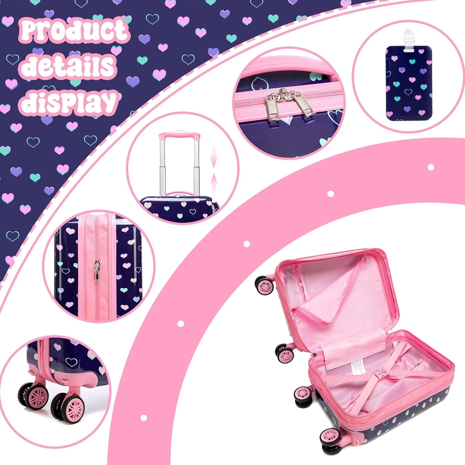 Kids Luggage Sets 5 Piece Suitcases with Wheels for Girls Women Hardshell Suitcase Set with Travel Pillow for Airplane Travel Essential