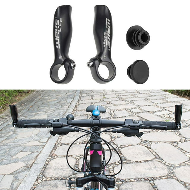 1 par de handillar de bicicleta de montaña termina 22,2 mm barras de bicicleta accidentes accesorios de ciclismo ergonómico de aleación de aluminio pa negro macarena bike manillar termina Par de extensiones de manillar Macarena negras, perfil ergonómico curvado de aleación de aluminio con abrazadera para barra de 22.2 mm y tornillo de fijación visible; longitud total 110 mm (4.33") con marcas L/R grabadas y tapones finales incluidos. Se muestra en primer plano y montadas en un manubrio de montaña para ilustrar la postura de agarre.