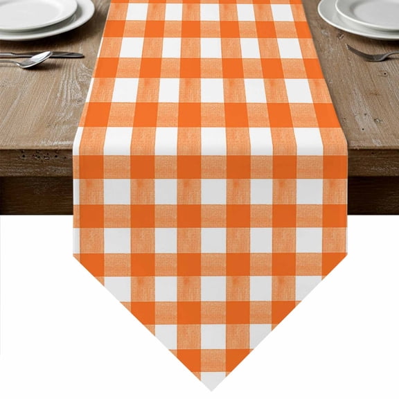 Table Runners 90 Inches Long, Orange Cotton Linen Kitchen Dining Coffee Table Runner for Party Home Decor, Country French Rustic Buffalo Plaid Modern Art Tabletop Dresser Scarves Runner 13x90 Inch