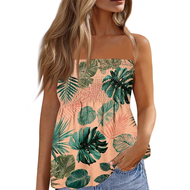 OIOLOYJM Womens Tube Top Spring Bandeau Strapless Palm Tree Peplum Top Backless Travel Ruffle Trendy Shirts Pink M