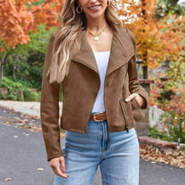 Women's Suede Jacket with Zipper Pockets, Casual Cropped Faux Leather Motorcycle Jacket for Women, Long Sleeve Zip Up Tops for Spring and Fall