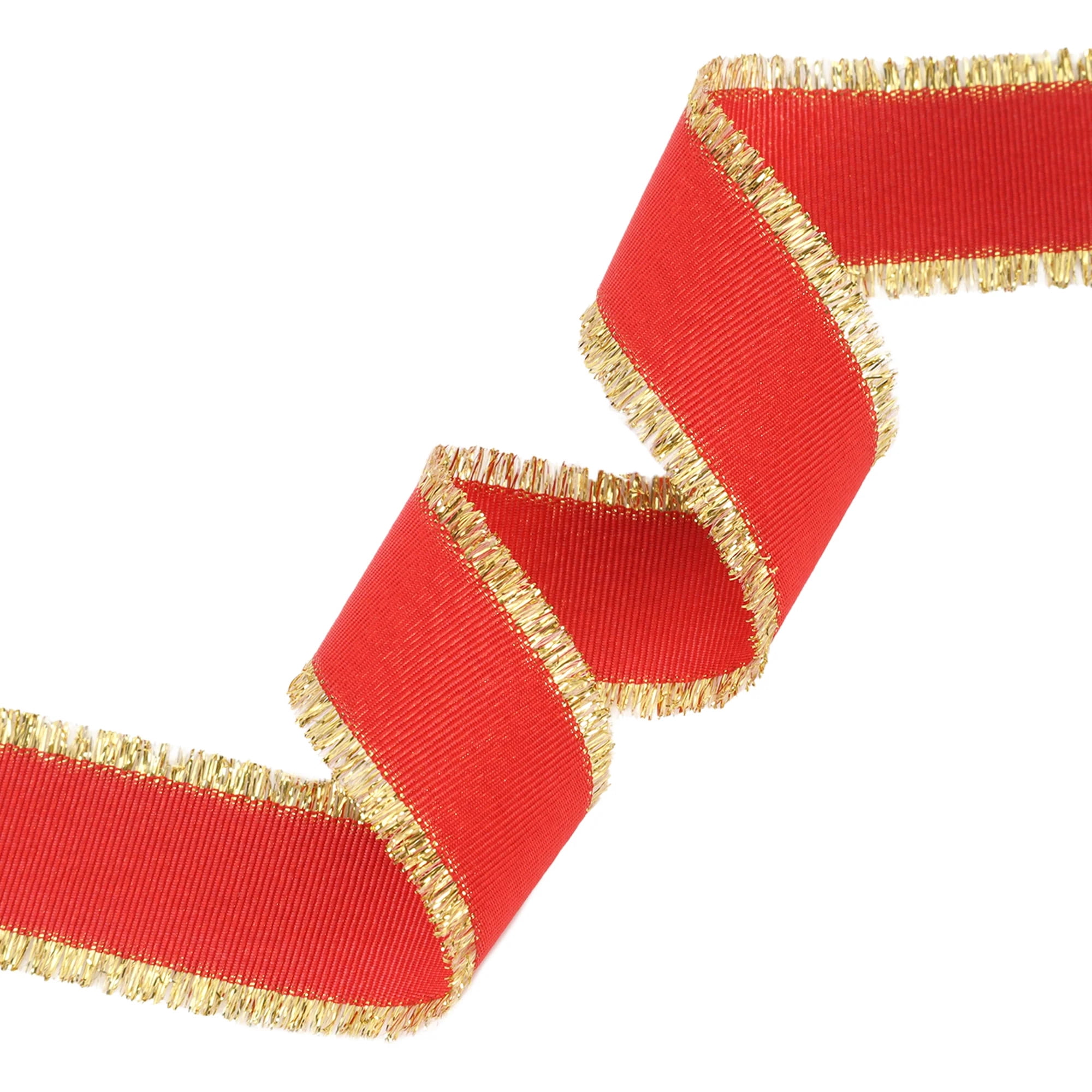 LaRibbons 1" Textured Grosgrain Ribbon | Gold Metallic Fringe Red | 25 Yard Roll