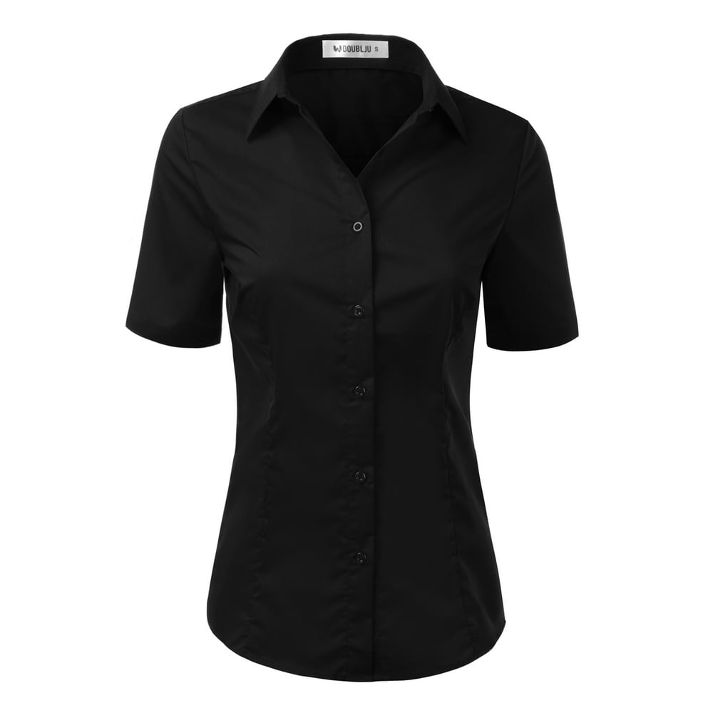 Doublju Doublju Women's Short Sleeve Slim Fit Button Down Dress Shirt