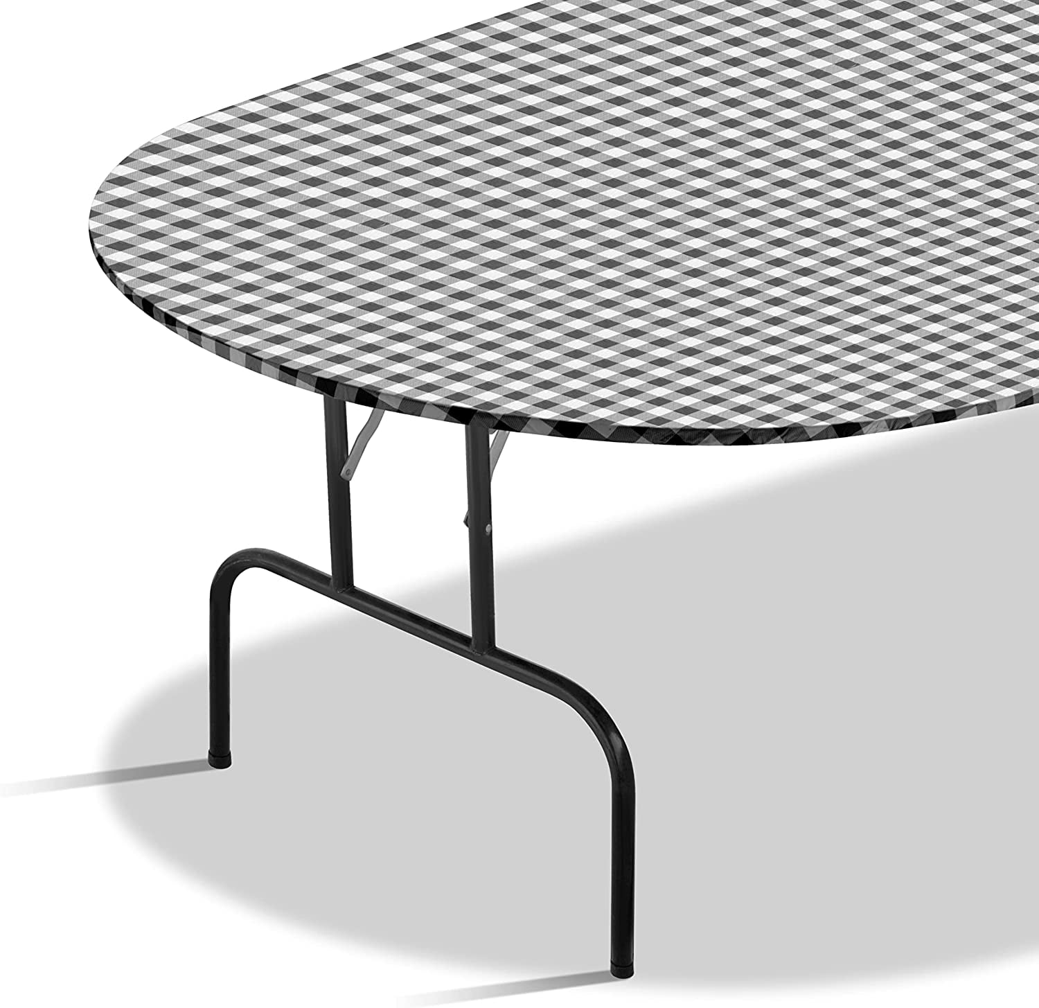 Sorfey Oval Vinyl Table Cover Checkered Fitted Picnic Tablecloth, Black
