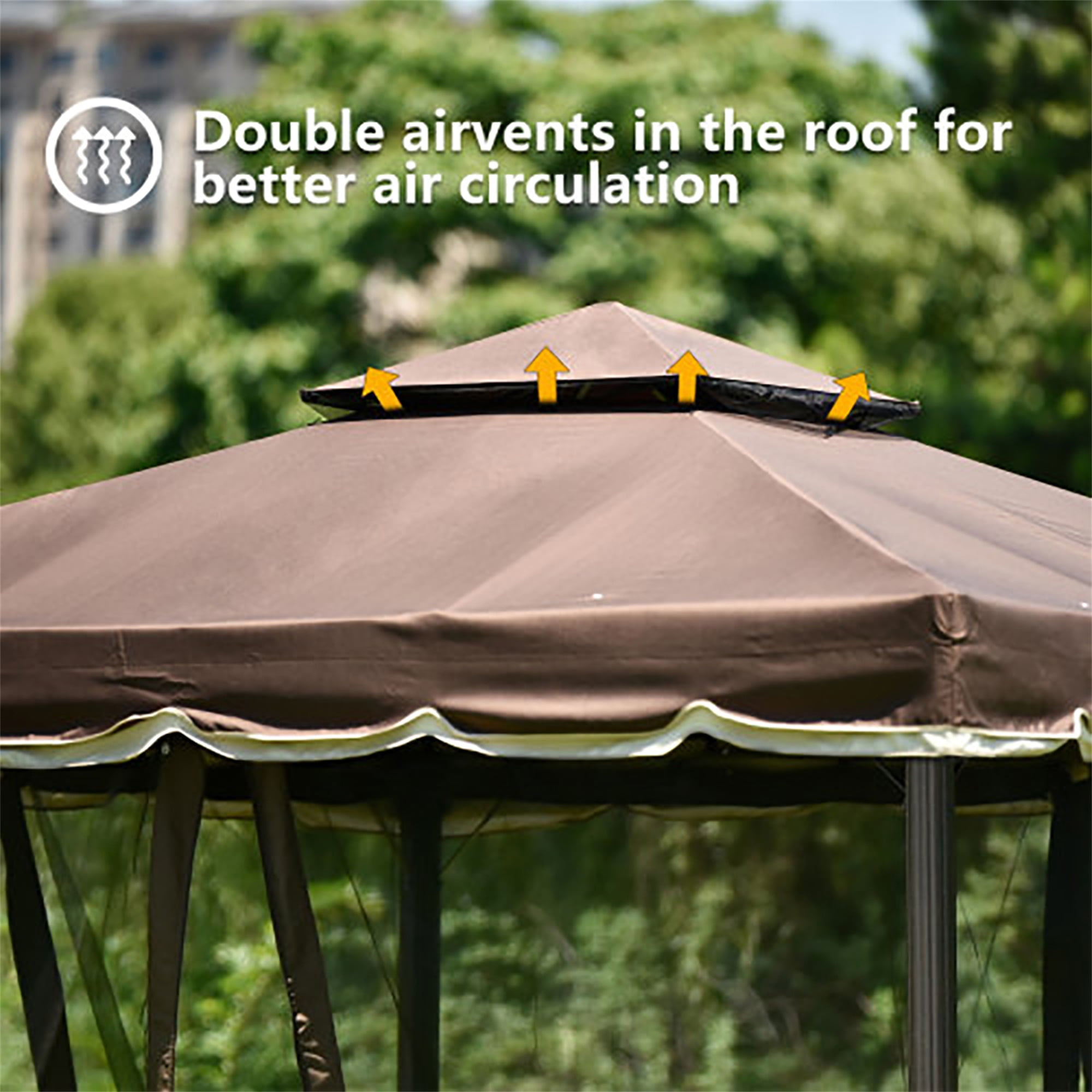Kadyn Outdoor Patio Gazebo with Mesh Cover and Iron Ventilated Dome for Backyard, Poolside and Deck, UV Resistant (UPF 50+)/Flame Retardant, 9.8 ft W x 9.8 ft L, Brown Kadyn Outdoor Patio Gazebo with Mesh Cover and Iron Ventilated Dome for Backyard, Poolside and Deck, UV Resistant (UPF 50+)/Flame Retardant, 9.8 ft W x 9.8 ft L, Brown