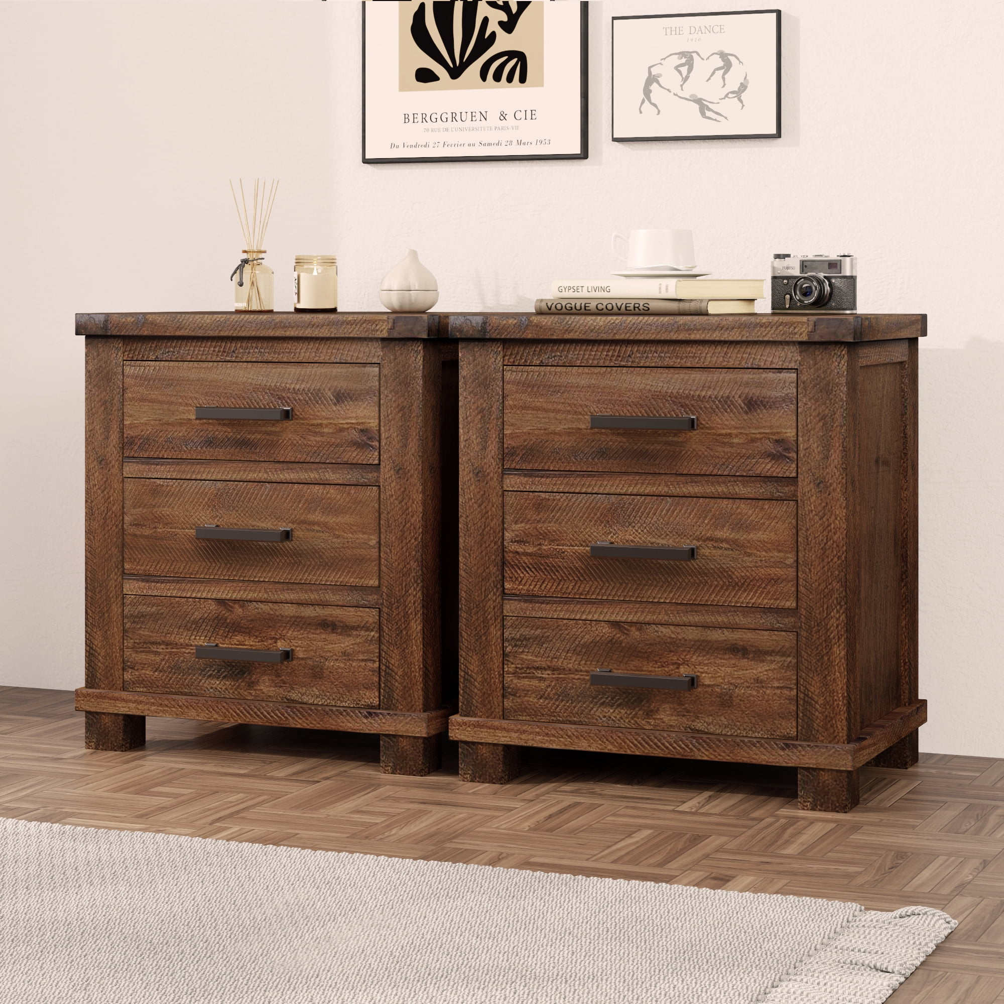 Mintazer Farmhouse Nightstand Set of 2, Nightstands with 3 Drawers, End Tables for Home Office Bedroom, Brown