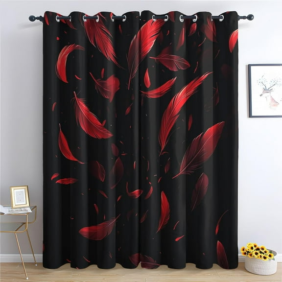 Feather Curtains, Red And Black Window Curtains, Feathers Blackout Curtains, Thermal Grommet Drapes For Bedroom Living Room42"W x 84"L (Pack of 2)