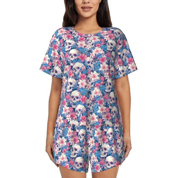 Balery Skull Conjunto de Pijama para Mujer con Estampado, Dos Piezas de Manga Corta y Shorts, Ropa de Dormir Suave con Cuello Redondo y Bolsillos-Medium