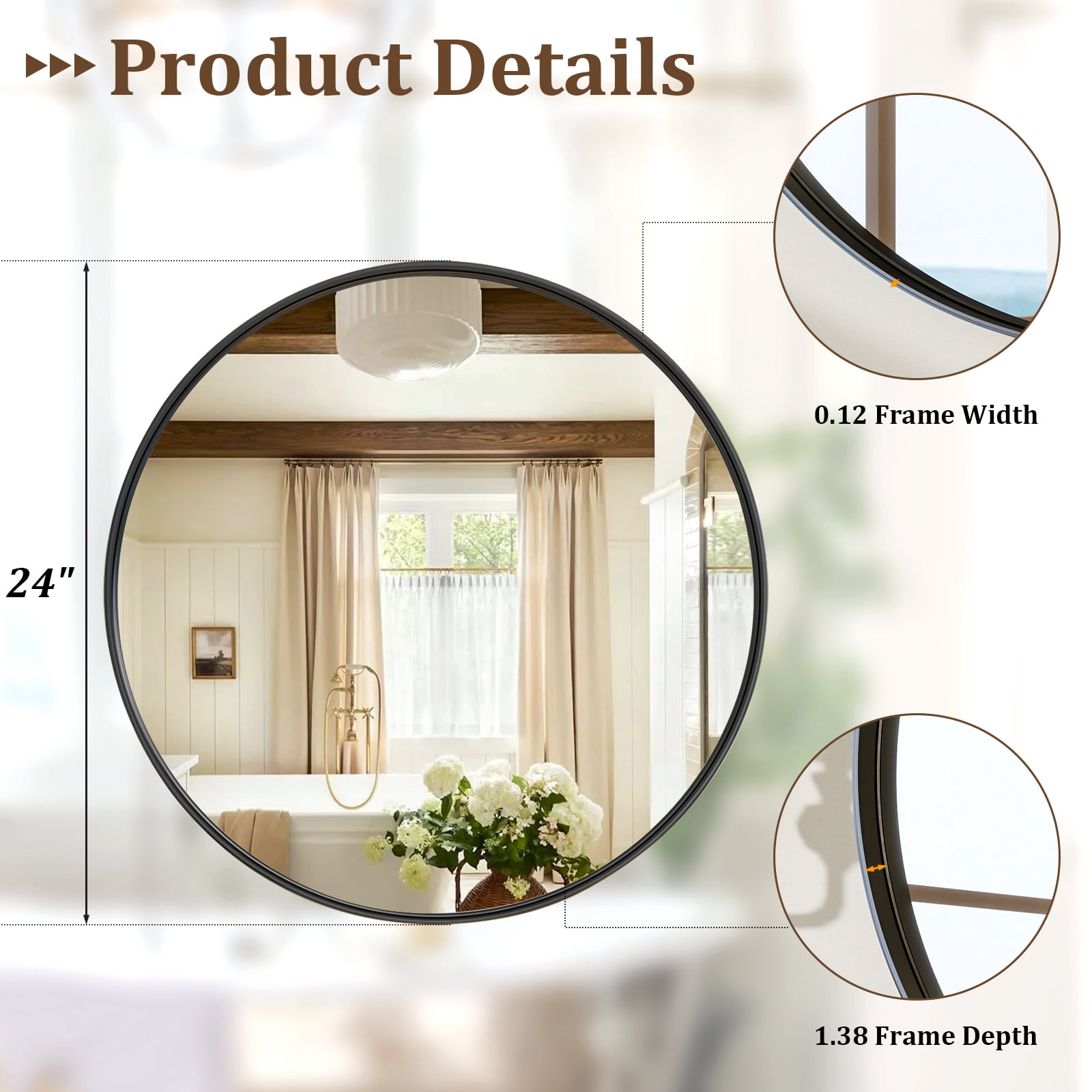 Easy4Home 24 Inch Round Bathroom Mirror Cricle Vanity Mirror Wall Mirror with Deep Frame, Black