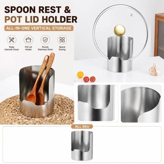 Stainless Steel Spoon Rest and Pot Lid Holder | One-Piece Vertical Utensil Stand for Stove Top & Countertop, Space Saving
