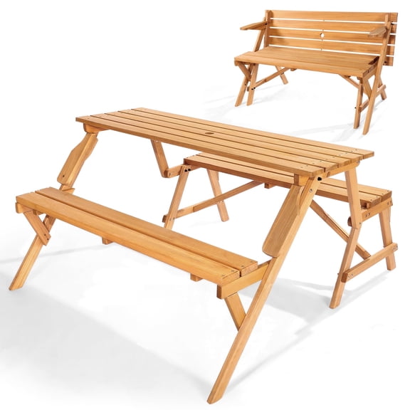 VEVOR 2-in-1 Transforming Interchangeable Picnic Table, Outdoor Wooden Table and Bench Set, Portable Foldable Bench with Umbrella Hole, Patio Dining Furniture for Garden, Backyard, Porch (Brown)