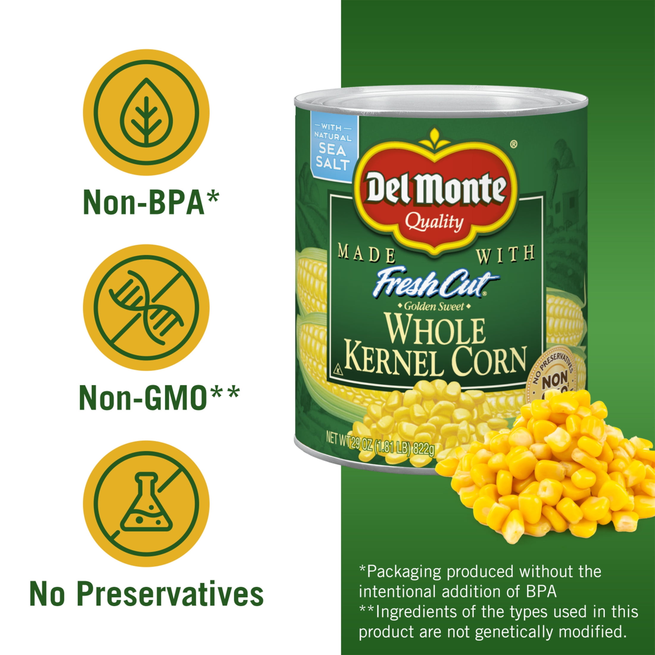 (2 pack) Del Monte Golden Sweet Whole Kernel Corn, 29 oz Can, Canned Vegetables
