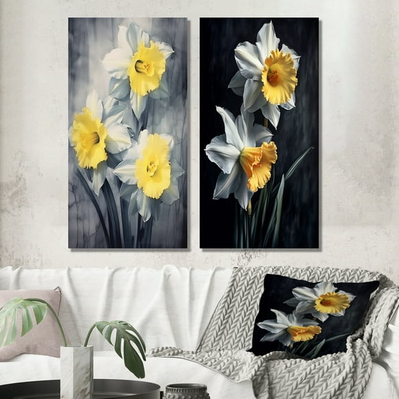 Designart "Impression de Jonquilles Nature en Tons Jaunes et Gris" Ensemble d'Art Mural Floral de 2 - Ensemble de Galerie Florale Jaune pour Décoration de Bureau