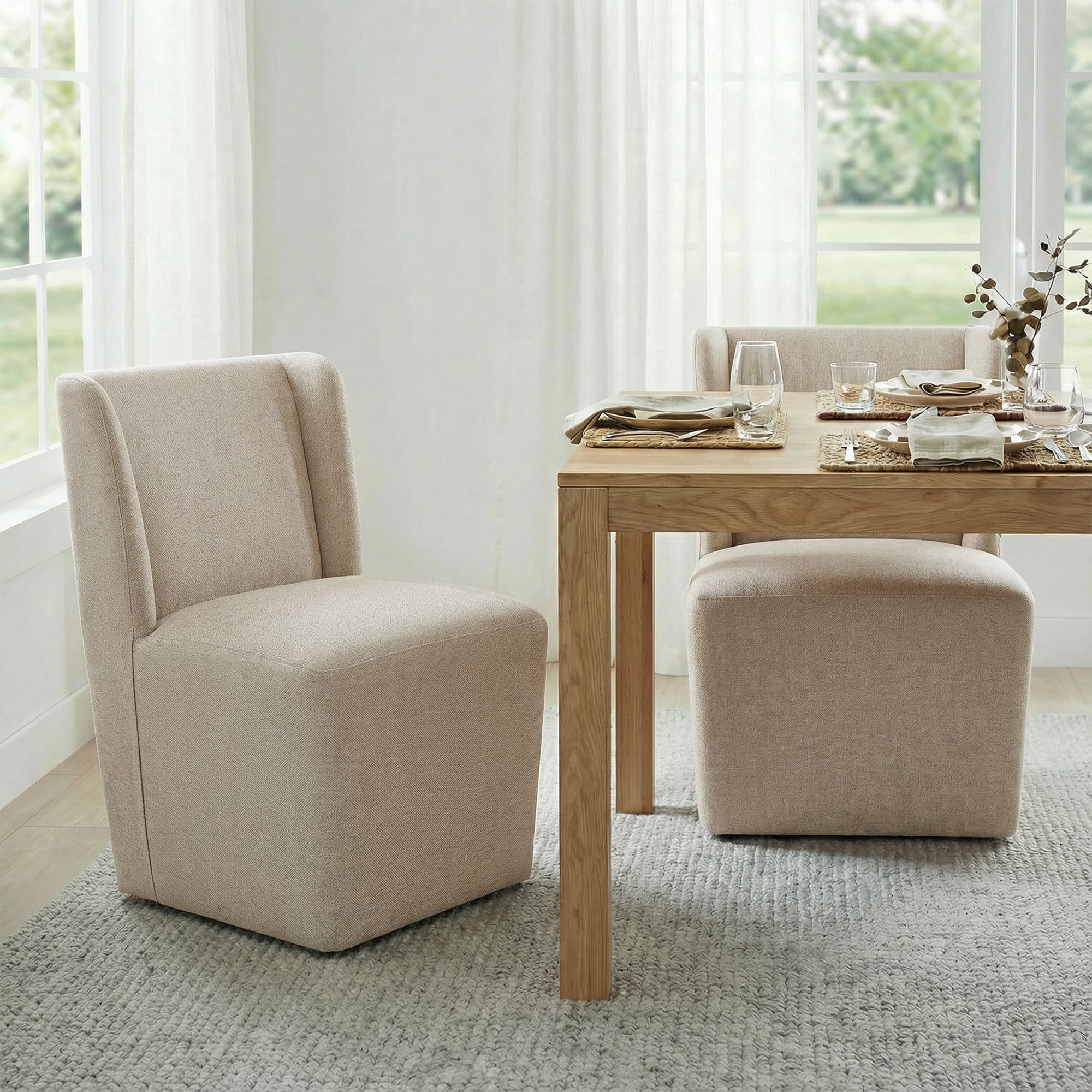 Spruce & Spring Modern Upholstered Dining Chair with Wingback and Hidden Casters, Single, Fabric in Khaki