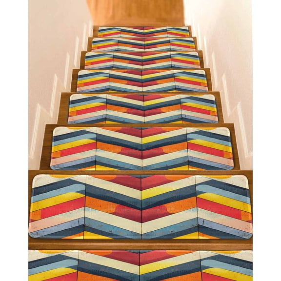 Abstract Geometric Non-Slip Stair Treads for Wooden Steps, 4 Pack 8x30 Inches Carpet Stair Mats with Adhesive Backing, Noise-Reducing Step Covers for Indoor Stairs, Easy to Install & Residue-Free