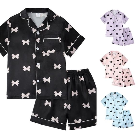 MEZZALL Girls Satin Pajamas Sets Short Sleeve Lapel Button Down Tops & Shorts Sleepwear Silk Feel Loungewear For Kids Comfortable Nightwear Classic Homewear