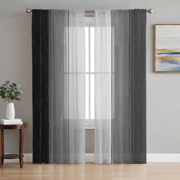Black Gray Ombre Semi Sheer Curtains 84 Inch Length 2 Panels Set, Vintage Country Wooden Sheer Kitchen Curtain Privacy Voile Window Curtain for Living Room Bedroom Rod Pocket Drapes