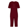 thumbnail image 4 of YABCSAZ Summer Outfits for Women Short Sleeved Round Neck Button Tee Shirt Tops and Capri Wide Leg Pants Solid Color Loose Fit Casual 2 Piece Pajama Sets, 4 of 6