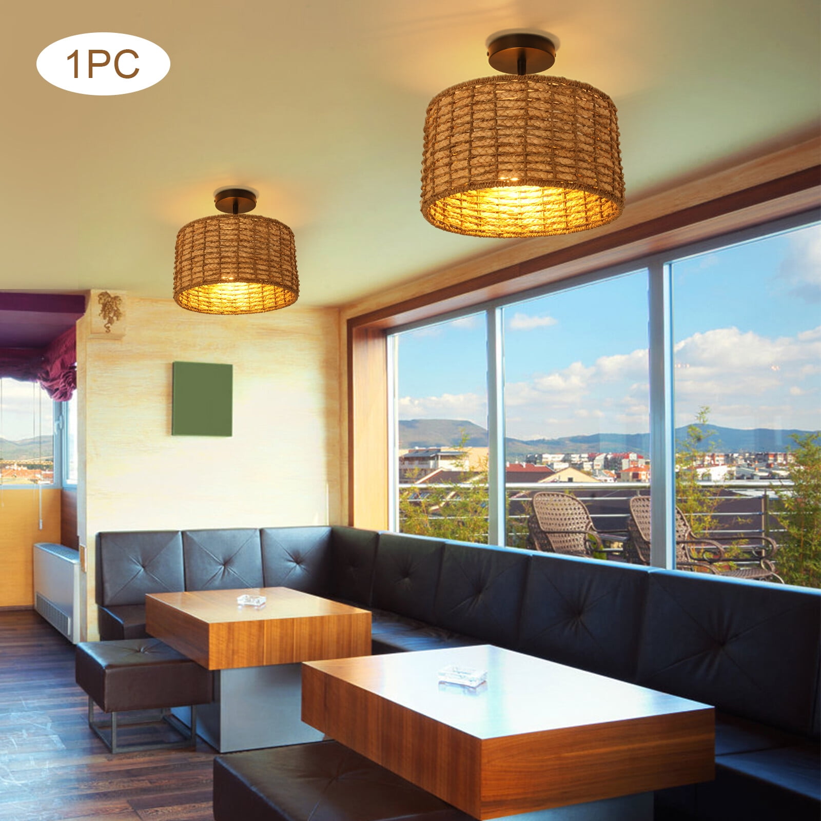 TFCFL 2-Light Vintage Rattan Pendant Light Fixture Hanging Ceiling Lamp Semi Flush Mount Chandelier