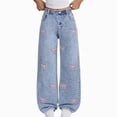 thumbnail image 2 of CAUYDY Kids Jeans Baggy Jeans for Girls Graphic Pants Wide Leg Skinny Denim Trousers High Waist Elastic Band Casual with Pockets Sizes 7-8 Years, 2 of 6