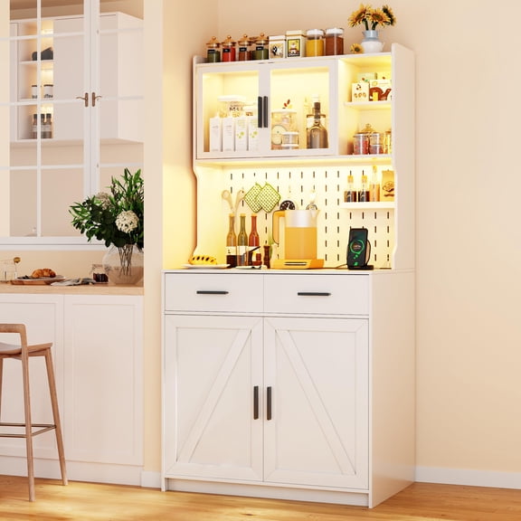 White Farmhouse Kitchen Pantry Cabinet with LED Lighting, Outlets &