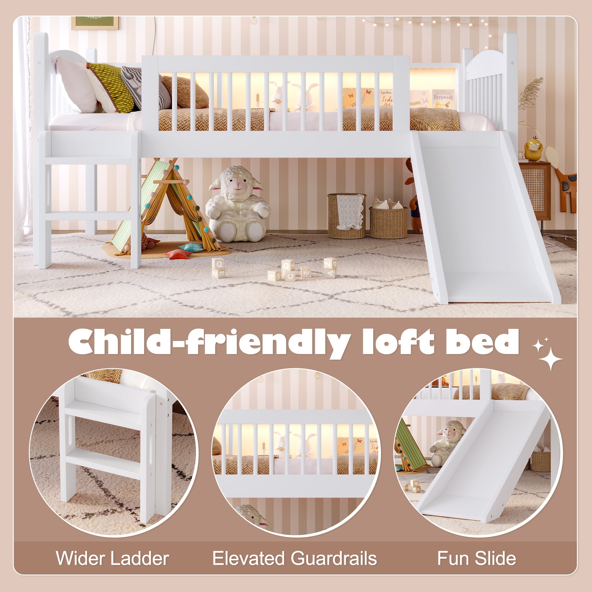 Leumius Twin Size Loft Bed with Slide,Solid Wood Loft Bed Frame with Storage Shelves,LED Lights and Full-length Guardrails,No Box Spring Needed,White