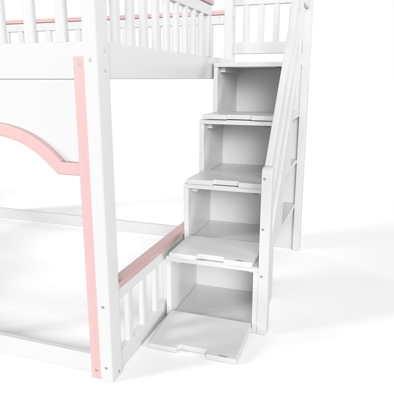 Full-Over-Full Wood Storage Bed Frame with Staircase & Small Bookshelf, Kids House Bunk Bed with Window, Eave & Door