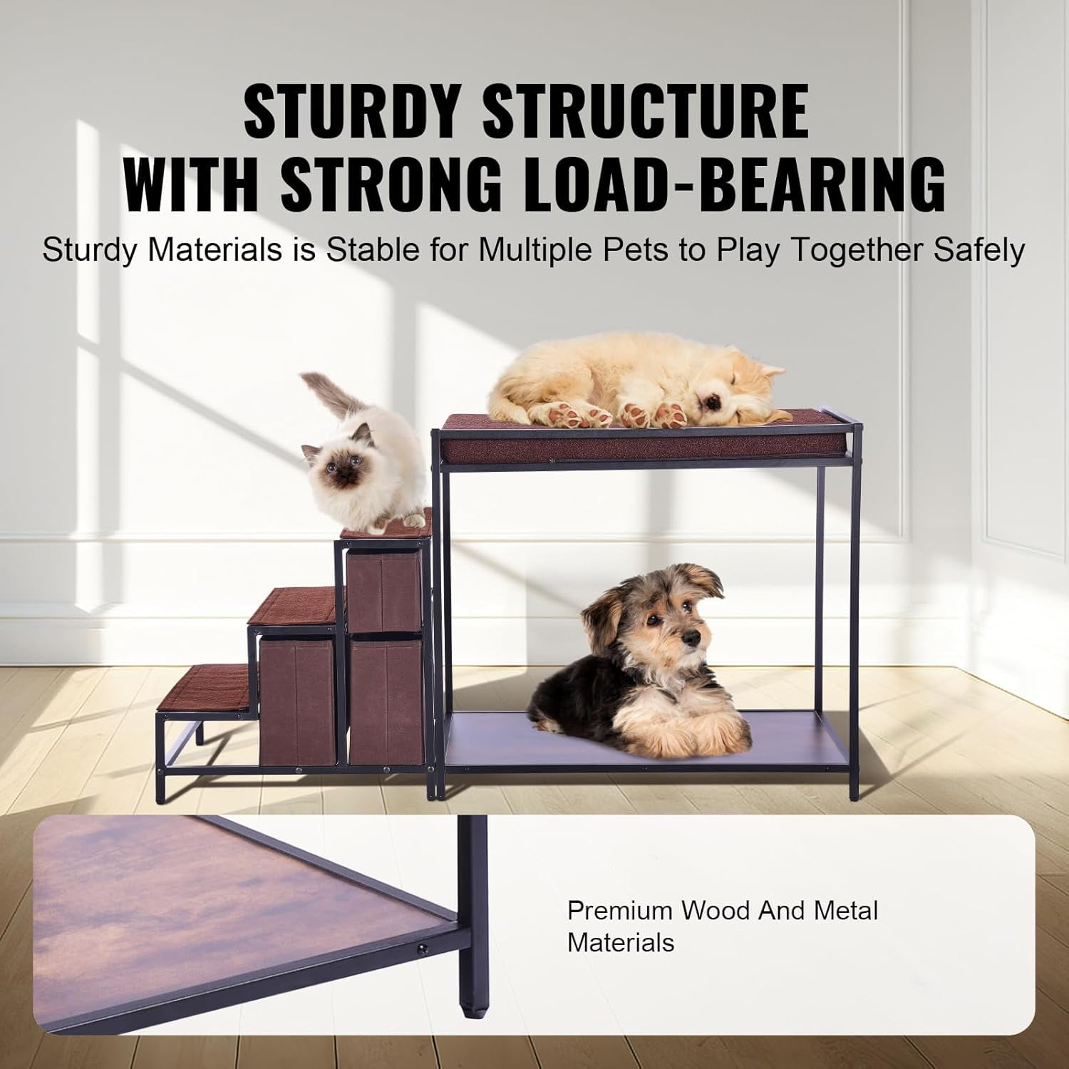 Pet Bunk Bed with Stairs, Dog/Cat Window Perch with Storage, Multi-Level Bed Window Perch Dog Bedside Sleeper Couch, Pet Seat Platform for Medium Size Pet, Indoor Use (Dark Brown)