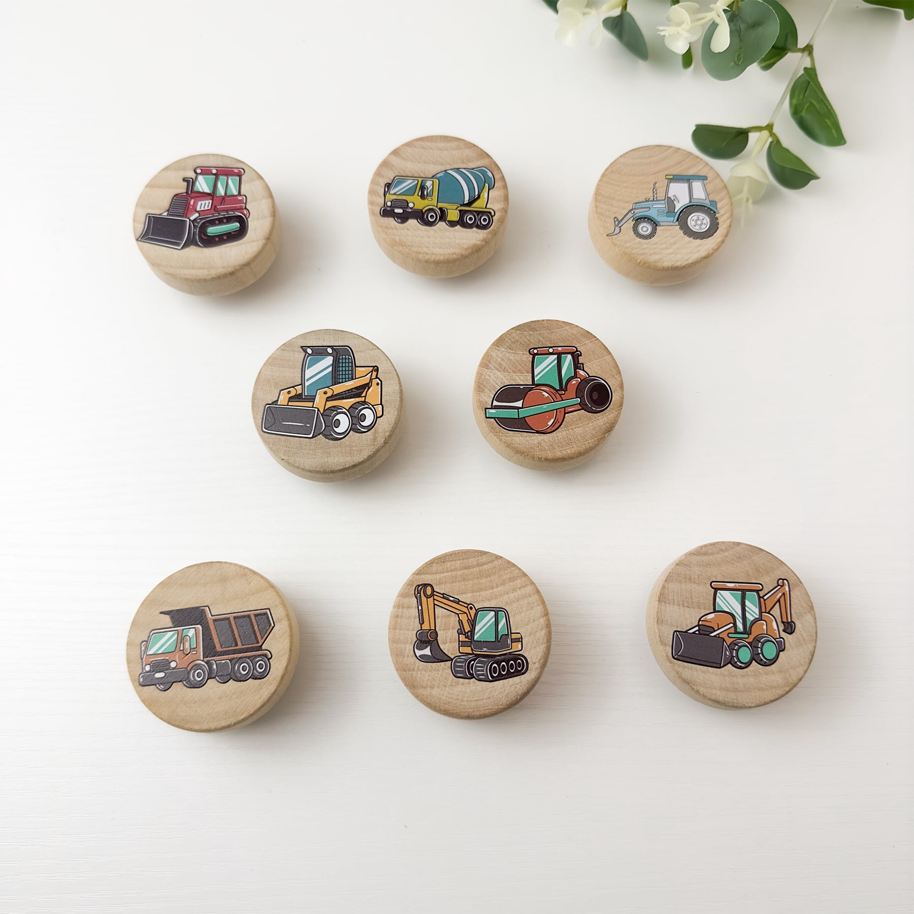 Jamjam Set of 8 Wood Kids Boy Nursery Room Construction Vehicle Trucks Cabinet Furniture Dresser Drawer Knobs and Pulls 1.8 X 1.8 Inches