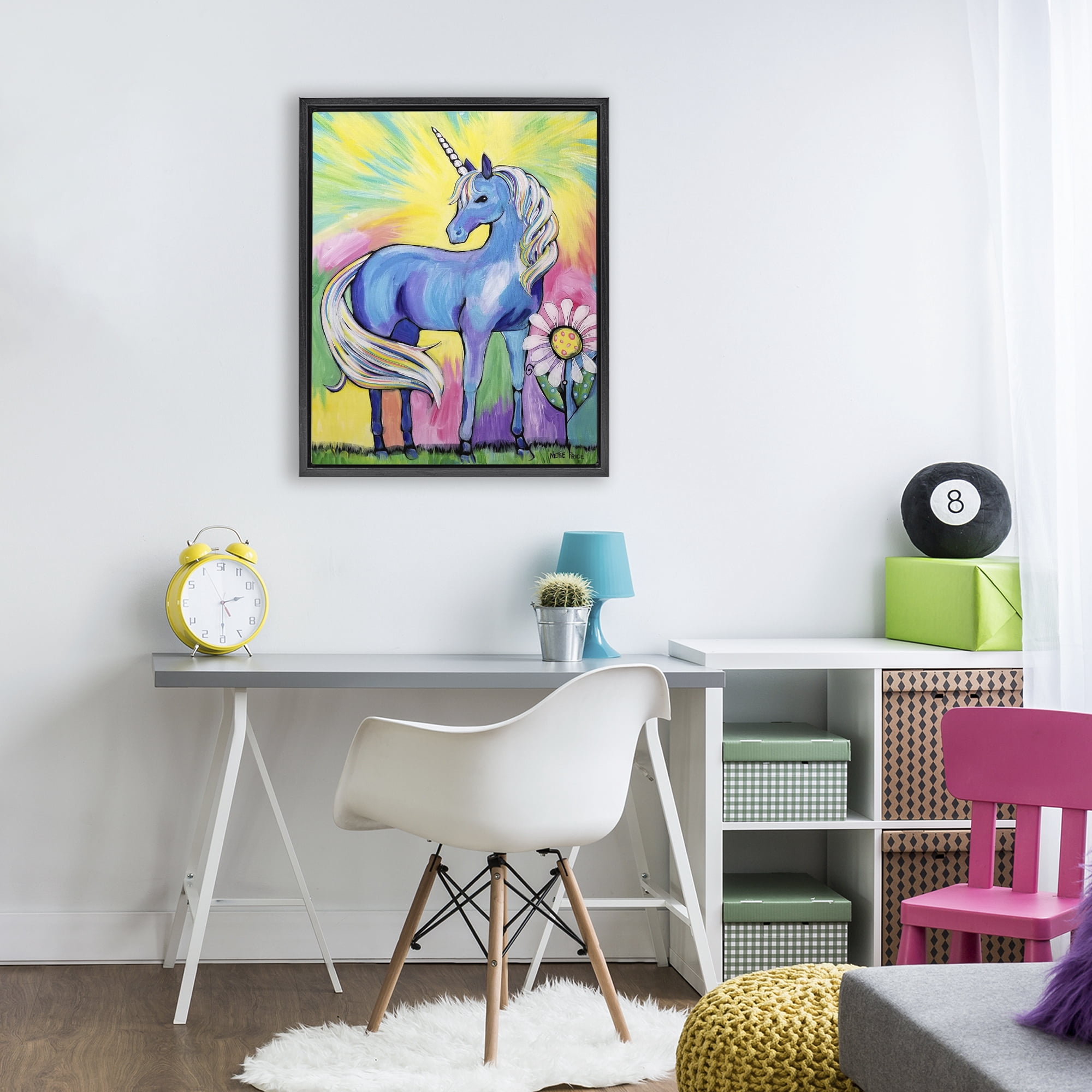 Stupell Industries Magical Unicorn in Rainbow Meadow Black Framed Floater Canvas Wall Art, design by Nettie Price